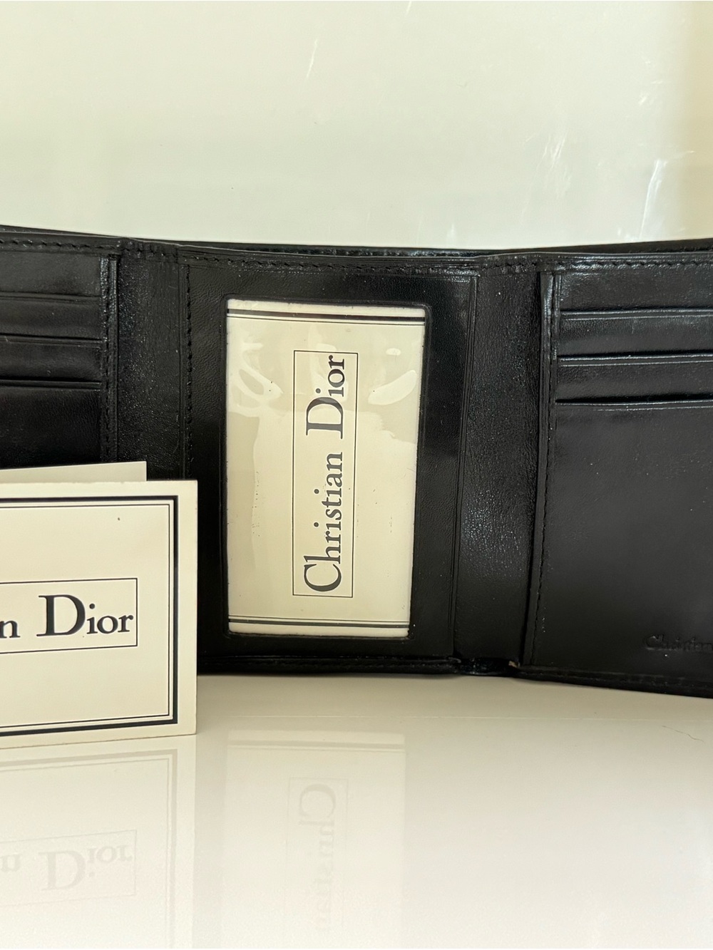 Dior New with Tags Black Leather Trifold Wallet Card & Key Holder with ID Window